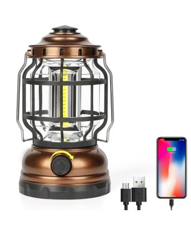 Camping Lantern Rechargeable, 1500LM Dimmable LED Vintage Lanterns Waterproof High Capacity Portable Lantern Flashlight COB Lightweight Tent Light for Courtyard Outdoor Hiking Power Outages Emergency Bronze