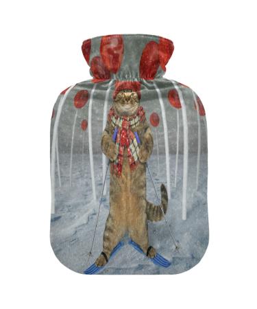 Cat Skier in the Lollipop Forest Hot water bottle with soft fleece cover 2 litre hot water bag for hot and cold compresses