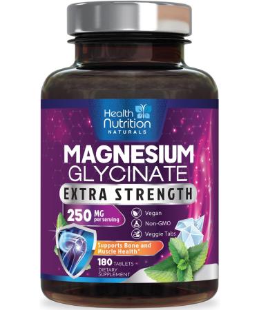 Magnesium Glycinate 250mg - 100% Chelated Magnesium for Max Absorption - Sleep Support Muscle Nerves Bone & Heart Health Support Best Mag Supplement Vegan Non-GMO 3rd Party Tested - 180 Tablets 180 Count (Pack of 1)