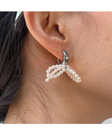 FEYLIE Elegant Pearl Bowknot Dangle Earrings - Fashion Small Hoop Statement Jewelry for Women & Girls | International Shipping Available - Buy Online on GoSupps.com