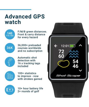 Shot Scope V3 GPS Golf Watch - Automatic Shot Tracking, Hazard Distances, Strokes Gained - iOS & Android Apps - 100+ Stats - 36,000+ Pre-Loaded Courses - No Subscriptions | Black - Buy Online on GoSupps.com
