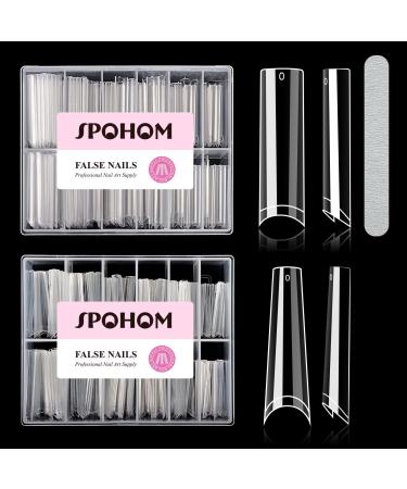 Spohom 480pcs Clear Nail Tips for Acrylic Nails Professional  Square Coffin No C Curve Nail Tips Extra Long Tapered Square Nail Tips Straight Nail Tips Clear Fake Nails Tips 2 Style For Salon Home DIY Square and Coffin