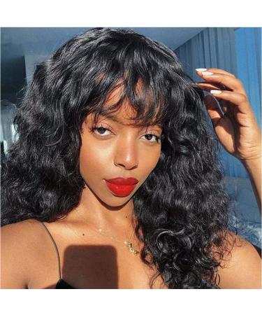 Borchan Glueless Water wave Human Hair Wig With Bangs Brazilian Unprocessed Virgin Hair Full Machine Made None Lace Front Wigs for Black Women 150% Density 16 inch 16" None lace-water wave wig