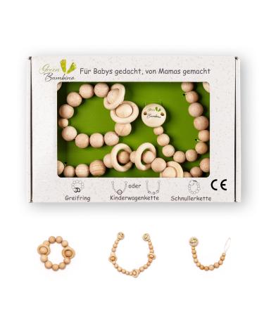 Gift set for birth from sustainable wood i boy & girls i pacifier chain i rattel i pram chain i neutral baby gift i baby toys wood i baby equipment i green bambino