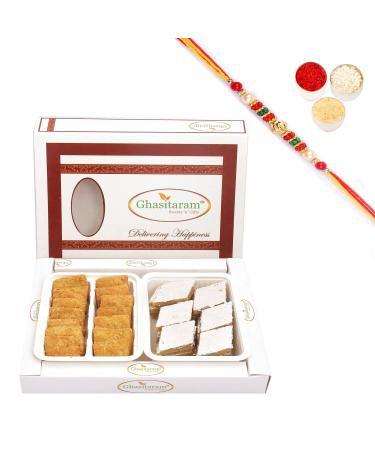 Ghasitaram Gifts Rakhi Gifts for Brothers Rakhi Sweets - Diwali Hampers-Kaju Katli and Methi Mathri Hamper with Pearl Beads Rakhi