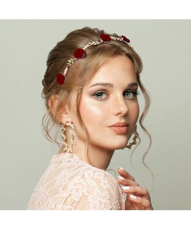 OIIKI 2Pcs Rose Hairband for Women - Metal Gold Floral Headbands with Pearl Accents - Hair Jewelry Accessories for Bride - Valentine Wedding Engagement - Red & White - Buy Online on GoSupps.com