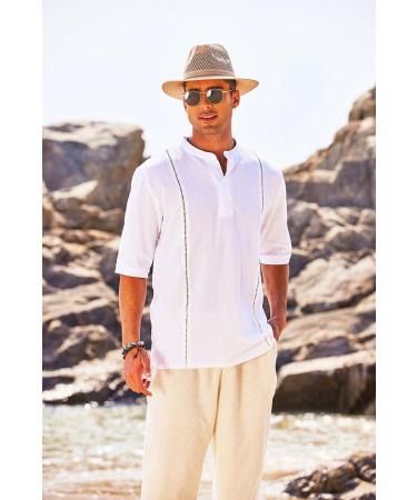 Deyeek Men's Linen Henley Shirt - Short Sleeve Summer Beach Shirt in White - X-Large - Buy Online on GoSupps.com