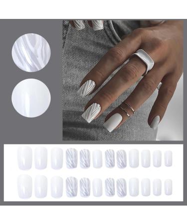 Justotry 24 Piece Silver Swirl Press On Nails | Angular Medium Milky French Artificial Acrylic Nails for Women - Buy Online on GoSupps.com