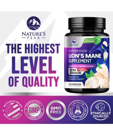 Lions Mane Supplement Capsules 10 000mg - 10:1 Extract - Extra Strength Lion s Mane Mushroom - Superfood for Memory & Focus Support Brain Immune Health Support - Vegan Bottled in USA - 120 Capsules 120 Count (Pack of 1) - Buy Online on GoSupps.com