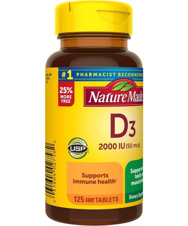 Nature Made Vitamin D3 2000 IU Dietary Supplement - Bone, Teeth, Muscle & Immune Support - 125 Tablets - Buy Online on GoSupps.com