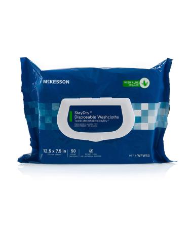 McKesson StayDry Disposable Wipes or Washcloths for Adults with Aloe, Incontinence, Alcohol-Free, Not-Flushable, 50 Wipes, 12 Packs, 600 Total 50 Count (Pack of 12)