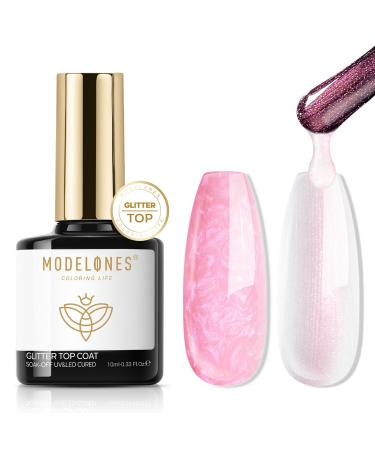 Modelones Glitter Gel Top Coat 2 in 1 Pearl Gel Nail Polish Clear Glitter Glossy Sparkle Finish Long Lasting Soak Off Mermaid Shimmer Pearlescent Glitter Gel Polish Nail Art Home DIY 10 ML