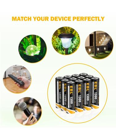 Buy EBL AA Rechargeable Batteries for Solar Lights - 1300mAh NiMH Long Lasting Performance Pack of 12 for Outdoor & Garden Use - Buy Online on GoSupps.com