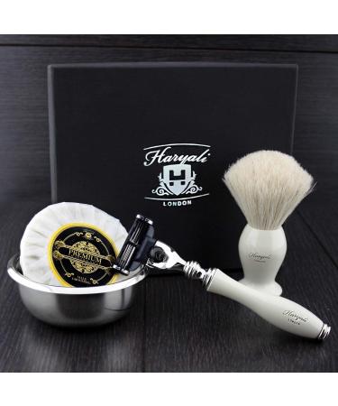 Haryali London Men's 4-Piece Shaving Set | Includes 3 Razor Blades Brush Soap & Bowl | Perfect Gift for Men - Buy Online on GoSupps.com