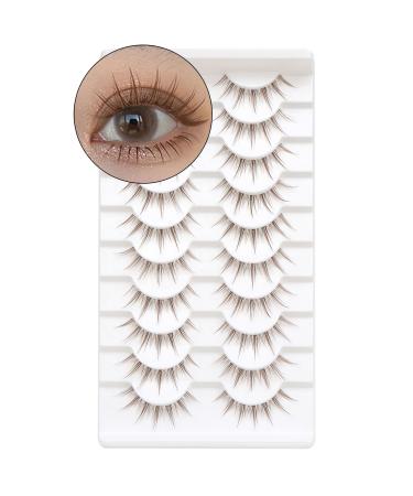 10 Pairs Brown Lashes Clear Band Brown Manga Lashes Japanese Anime Cosplay Brown Eyelashes Asian False Eyelashes Natural Look Like Individual Clusters(A01-Brown Manga Lashes 8-13mm)