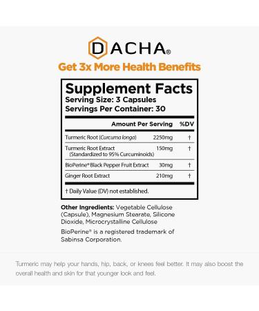 DACHA Turmeric Curcumin 2250mg Supplement - Joint Support with Black Pepper & Ginger - 95% Curcuminoids - Capsules - Buy Online on GoSupps.com