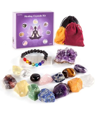 SmartYeen Healing Crystals Set,17PCS Crystal Healing Stones Kit Include 7 Raw Chakra Stones,7 Tumbled Stones,Amethyst Crystal,Lava Bracelet and Selenite for Yoga, Meditation