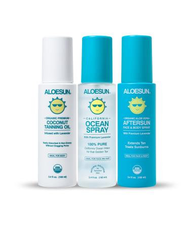 ALOESUN Organic Tanning Travel Size Bundle - Including Organic Coconut Tanning Oil, Ocean Spray, and Organic AFTERSUN Spray
