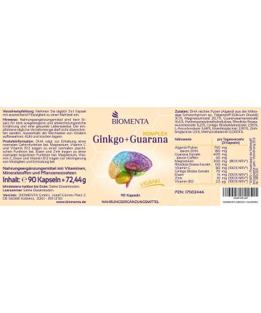Buy Biomenta Ginkgo + Guarana Complex - 90 High-Dose Vegan Capsules with DHA Caffeine Rhodiola Magnesium Iron Zinc & Vitamin B12 - Premium Quality - Buy Online on GoSupps.com