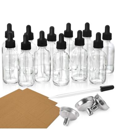 Glass Tincture Bottle with Eye Droppers 3 Stainless Steel Funnels & 1 Long Dropper - 60ml Clear for Essential Oils Liquids Leakproof Travel 2 oz 12 Pack
