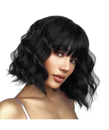 OUFEI Black Wig with Bangs Curly wigs for Women Short Wavy Wigs Synthetic Hair Heat Resistant Wigs for Daily Party Cosplay Wear-13 Inches black A(13in)