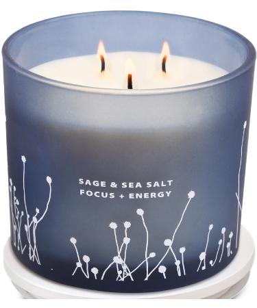 White Sage Sea Salt 3 Wick Candle 14.5 oz | Sage Candles for Cleansing House | Large Soy Candles for Home Scented | Aromatherapy Energy Cleansing Sage Scented Candles for Women & Men