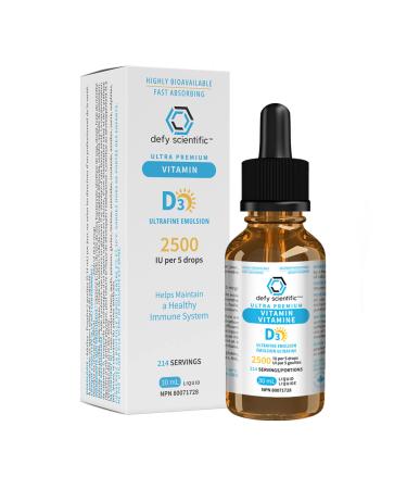 Defy Scientific Ultrafine Emulsion Vitamin D3 2500 IU Liquid (30 mL) Ultra Premium - For Maintenance of Healthy Immune System Bones and Teeth - Gluten and Dairy Free