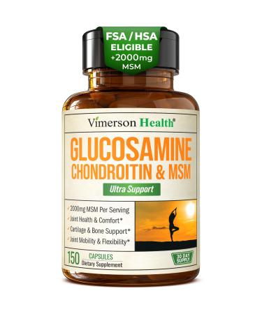 Glucosamine Chondroitin MSM Supplement 3-in-1 Joint Supplements for Men and Women w/Glucosamine Sulfate 1500mg Chondroitin Sulfate 1200mg & MSM 2000mg for Joint Health FSA Eligible 150 Caps Glucosamine Ultra Support