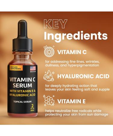 Vitamin C Serum with Hyaluronic Acid & Vitamin E for Youthful Skin | Anti-Aging Moisturizer for Wrinkle-Free Complexion | 2 Fl Oz - Buy Online on GoSupps.com