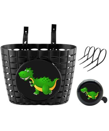YeloYolker Kids Black Bike Basket with Bell, Cute Bicycle Front Handlebar Basket for Boys, Girls, Toddlers, Children, Portable Plastic Tricycle Basket for School, Outdoor, Cycling Dino