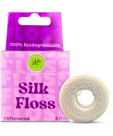 Vegan Silk Dental Floss - Biodegradable Plastic Free Bamboo String | Zero Waste Eco-Friendly Oral Care | Natural Compostable for Adults & Kids Tight Teeth | Soft Easy Glide - Unflavored 55yds