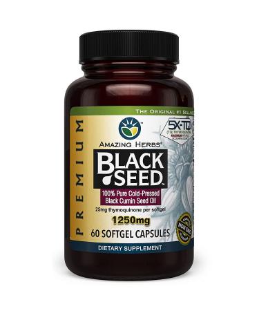 Amazing Herbs Premium Black Seed Oil Capsules - High Potency, Cold Pressed Nigella Sativa Aids in Digestive Health, Immune Support & Brain Function - 60 Count, 1250mg 60 Count (Pack of 1)
