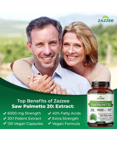 Zazzee Extra Strength Saw Palmetto 20:1 Extract 6000 mg Strength 40% Fatty Acids 120 Vegan Capsules 4 Month Supply Concentrated and Standardized 20X Extract Non-GMO All-Natural Made in the USA - Buy Online on GoSupps.com