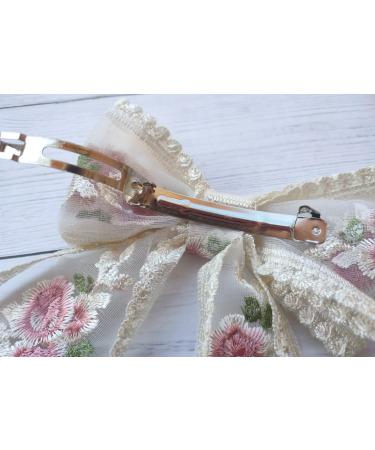 Beige Double Layer Lace Bow Hair Clip for Women - Romantic Flower Dot Mesh Hairpin for Wedding, Party, Valentine's, Birthday - Buy Online on GoSupps.com