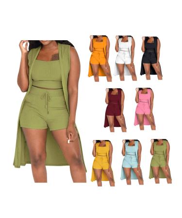 Kimloog Women Ribbed Knit 3 Piece Outfits Tank Crop Top Sleeveless Kimono Cardigan Coat Vest and Shorts Suits Tracksuit Wine XX-Large