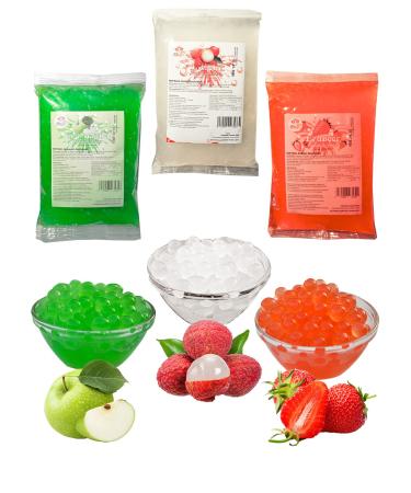 Bubble tea popping boba mix - 3 x 600g strawberry+green apple+litschi boba fruit beads - nature & vegan & gluten -free boba pearls - great ideas to make yourself bubble tea top for diy strawberry+green apple+litschi pack with 3