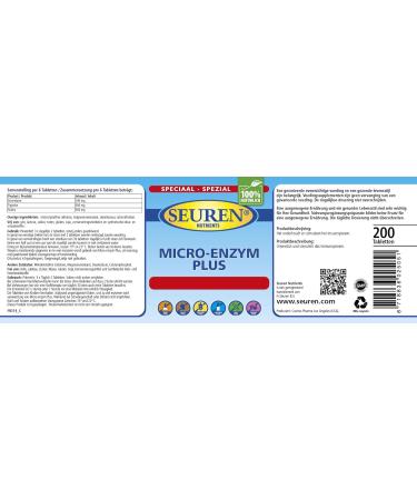 Seuren Nutrients Micro Enzyme Plus 200 Tablets | Gluten-Free Lactose-Free Sugar-Free | Natural Gastro-Resistant Enzyme Complex | Multi-Enzyme Formula for Digestive Support - Buy Online on GoSupps.com