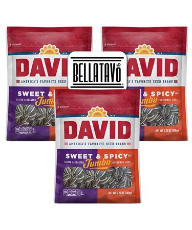 Sweet and Spicy Sunflower Seeds Bundle. Includes Three-5.25 Oz Bags of David Sweet and Spicy Sunflower Seeds Plus a BELLATAVO Fridge Magnet! David Jumbo Sunflower Seeds Contains No Artificial Flavors