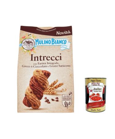 Italian Gourmet E.R. Set of 6 Mulino Bianco Intecci Biscotti Biscuits with Whole Wheat Flour Chocolate and Buckwheat Drops Cookies 300g + Italian Gourmet Polpa 400g