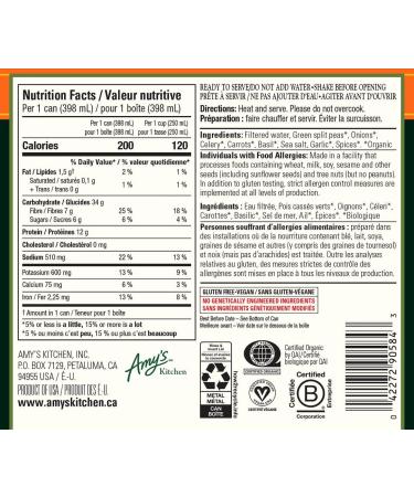 Amy s Kitchen Organic Split Pea Soup Light in Sodium Gluten-Free Dairy-Free Lactose-Free Soy-Free Corn-Free Tree Nut-Free Vegan Kosher Plant-based 12-pack (398ml per can) - Buy Online on GoSupps.com