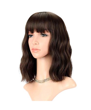 FAELBATY Brown Wig Short Bob Wigs With Air Bangs Shoulder Length Wig For Women Curly Wavy Synthetic Cosplay Wig Bob Wig for Girl Costume Wigs Natural Black Dark Brown Color 12