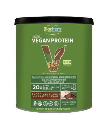 Biochem 100% Plant Protein - Chocolate - 27.3 Oz - 20g Vegan Protein - Complete Amino Acid Profile - Keto-Friendly - Hemp Seed - Pea Protein - Cranberry - Matcha Tea - Cocoa - Refreshing Taste Chocolate 1.70 Pound (Pack of 1)