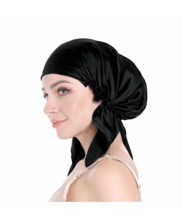 SissiLita 100% Silk Bonnet for Sleeping, Hair Bonnet with Tie Band, Large Silk Sleep Cap for Curly Hair, Silk Hair Wrap for Hair Care (Black) Rich Black