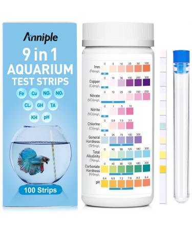 9 in 1 Aquarium Test Strips - 100 Strips Aquarium Water Test Kits for Freshwater Saltwater - Testing for Iron, Copper, Nitrite, Nitrate, pH, GH & KH, Chlorine, Total Alkalinity