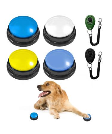 Exryhon 4Pcs Dog Buttons and 2 Pet Training Clicker with Wrist Strap Dog Speech Training Buzzers Voice Recording Button 30 Second Record & Playback Train Your Dog to Express Their Ideas White+blue+yellow+light Blue green+black
