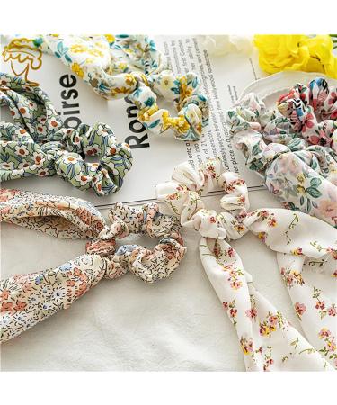 6 Pcs Floral Hair Scarf Scrunchies with Chiffon Bow Ties - Elastic Hair Bands with Long Tails - Buy Online on GoSupps.com
