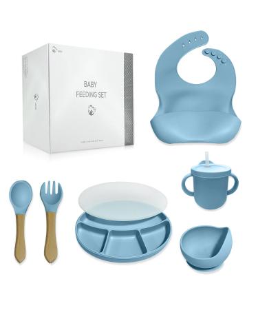 Baby Weaning Set Silicone Baby Self Feeding Tableware Set - Divided Suction Plate - Bowl with Suction Plate - Bowl Set with Sippy Cup Silicone (Blue)