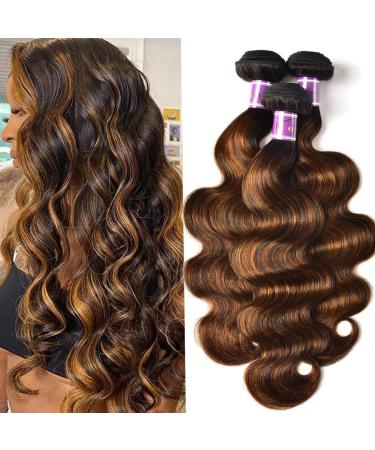 UNICE Brown Highlight Body Wave Human Hair Weave 3 Bundles 14 16 16 inches, Brazilian Remy Hair Ombre Blonde Human Hair Wavy Weaves Sew in FB30 Piano Color 14 16 16 Inch Brown Highlight Color