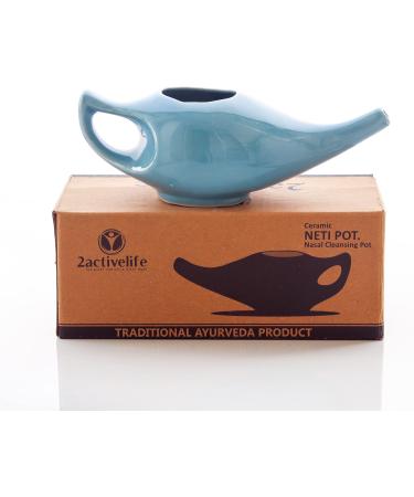 Ceramic Neti Pot Set - Premium Handcrafted Blue Sinus Rinse Kit with 5 Sachet Neti Salt - 225ml Capacity - Buy Online on GoSupps.com