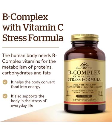 Solgar B-Complex with Vitamin C Stress Formula 250 Tablets - Energy, Nervous System, Immune Support - Non-GMO, Vegan, Gluten Free - 125 Servings - Buy Online on GoSupps.com